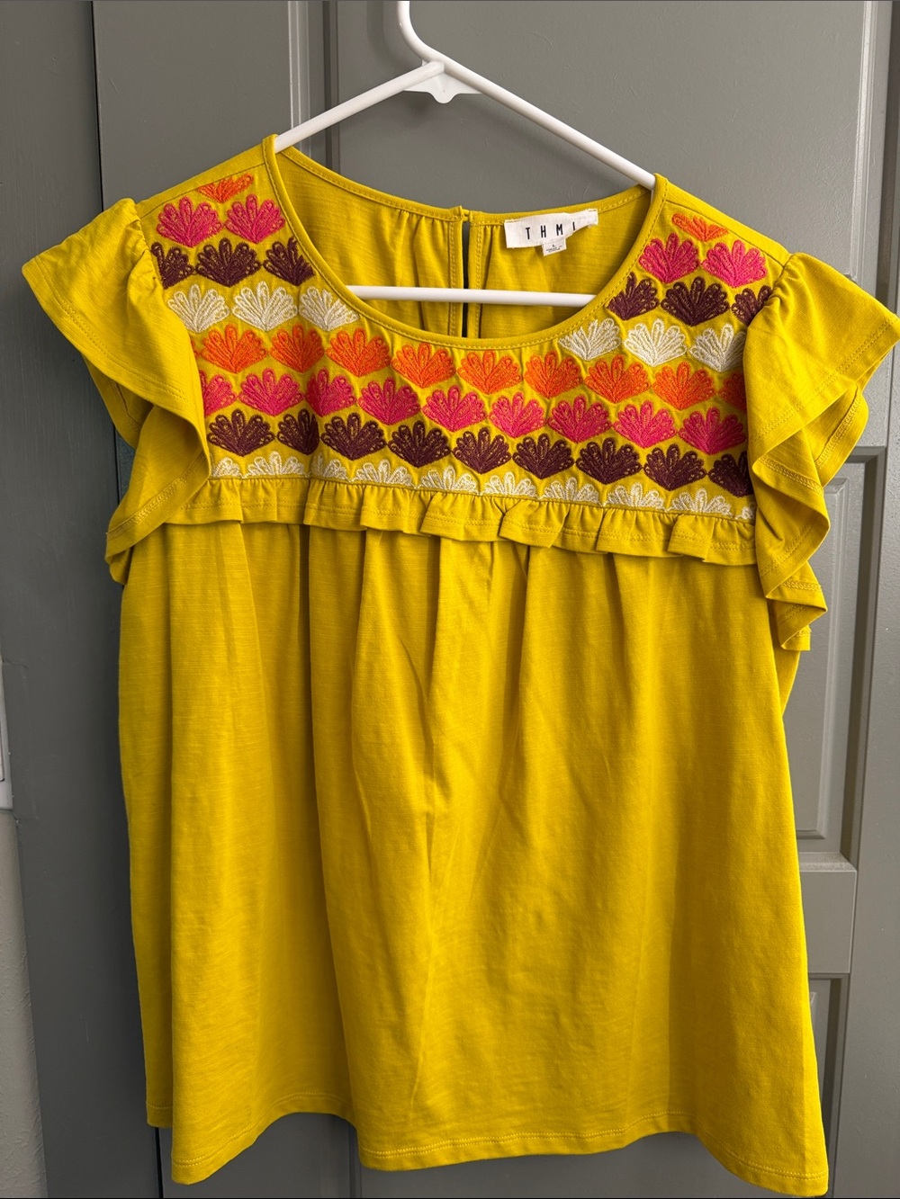 THML Womens Yellow Embroidered Flutter Sleeve Top